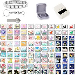 papasgix Custom Italian Charm Bracelet Charms Silver Set 10 Personalized Stainless Steel Charm Brascelets 9mm Assorted Italian Charms Bracelet Links Handmade DIY Jewelry Flowers Words Moon Pink in Kuwait