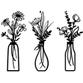 3 Pieces Metal Flower Wall Art, Minimalist Farmhouse Home Decor for Bathroom, Bedroom, Living Room - Boho Style Housewarming Gifts (Black, A-Set)​ in Kuwait