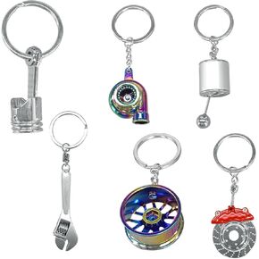 6PCS Car Parts Metal Keychain Set, Rim, Brake Disc, Engine Piston, Wrench, Manual Gear Shifter, Turbo Keyring for Car Lovers in Kuwait