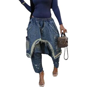 Women's Denim Harem Pants Patchwork Ripped Jeans Elastic Waist Loose Stretchy Trendy Barrel Jeans with Pockets in Kuwait