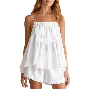 طقم بيجامات نسائي بدون أكمام بحزام سباغيتي مكشكش، طقم بيجامات مريح in Kuwait