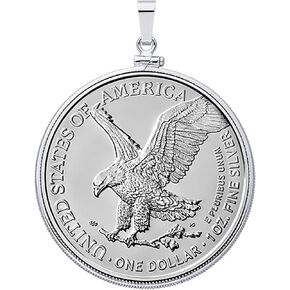 Solid Sterling Silver Coin Bezel for 1 oz American Eagle Silver Dollar Rhodium Plated for enhanced durability, shine, and tarnish resistance. Pendant Bezel, Charm Pendant, Made in the USA in Kuwait
