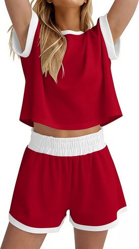 Women 2 Piece Short Set Summer Color Block Pajamas Short Sleeve T Shirts Shorts Casual Knit Lounge Sets in Kuwait