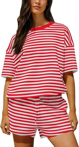 MISSACTIVER Women's 2 Piece Striped Lounge Set Crew Neck Short Sleeve T-Shirt Drawstring Wide Leg Shorts Matching Pajamas Set in Saudi Arabia