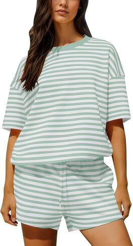 MISSACTIVER Women's 2 Piece Striped Lounge Set Crew Neck Short Sleeve T-Shirt Drawstring Wide Leg Shorts Matching Pajamas Set in Saudi Arabia