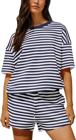 MISSACTIVER Women's 2 Piece Striped Lounge Set Crew Neck Short Sleeve T-Shirt Drawstring Wide Leg Shorts Matching Pajamas Set in Saudi Arabia