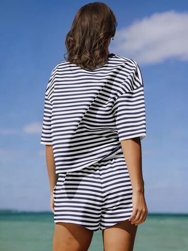 MISSACTIVER Women's 2 Piece Striped Lounge Set Crew Neck Short Sleeve T-Shirt Drawstring Wide Leg Shorts Matching Pajamas Set in Saudi Arabia