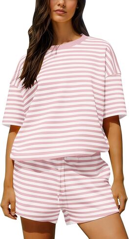 MISSACTIVER Women's 2 Piece Striped Lounge Set Crew Neck Short Sleeve T-Shirt Drawstring Wide Leg Shorts Matching Pajamas Set in Saudi Arabia