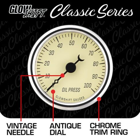 مجموعة قياس ضغط الزيت GlowShift Classic Series 100 PSI - تتضمن مستشعرًا إلكترونيًا 1/8-27 NPT وأحزمة أسلاك - قرص أبيض عتيق - LED أبيض - تصميم على الطراز العتيق - 2-1/16 بوصة (52 مم) in Saudi Arabia