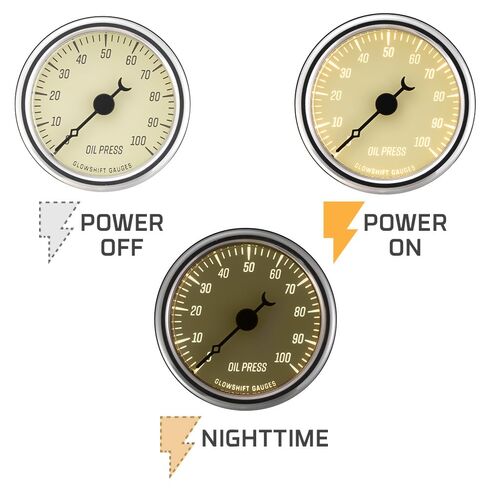 مجموعة قياس ضغط الزيت GlowShift Classic Series 100 PSI - تتضمن مستشعرًا إلكترونيًا 1/8-27 NPT وأحزمة أسلاك - قرص أبيض عتيق - LED أبيض - تصميم على الطراز العتيق - 2-1/16 بوصة (52 مم) in Saudi Arabia