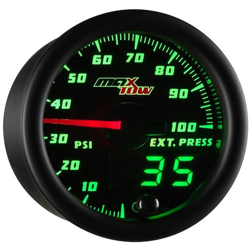 MaxTow Double Vision 100 PSI Exhaust Drive Pressure Gauge Kit - Includes Sensor, Copper Hose & Fittings - Black Gauge Face - Green LED Dial - Analog & Digital Readouts - for Diesel Trucks - 2-1/16" in Kuwait