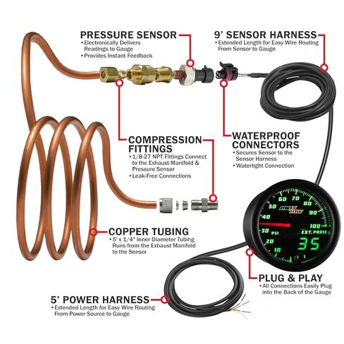 MaxTow Double Vision 100 PSI Exhaust Drive Pressure Gauge Kit - Includes Sensor, Copper Hose & Fittings - Black Gauge Face - Green LED Dial - Analog & Digital Readouts - for Diesel Trucks - 2-1/16" in Kuwait