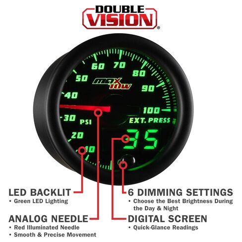 MaxTow Double Vision 100 PSI Exhaust Drive Pressure Gauge Kit - Includes Sensor, Copper Hose & Fittings - Black Gauge Face - Green LED Dial - Analog & Digital Readouts - for Diesel Trucks - 2-1/16" in Kuwait