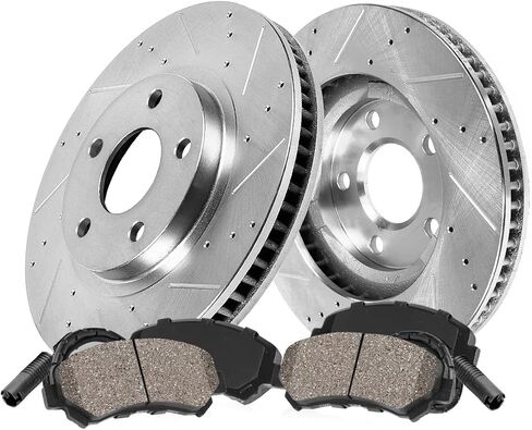Callahan Brake Parts Front Brake Kit For BMW 550i GT 2010-15 |550i GT xDrive 2010-17 |750i 2010-15 |750i xDrive 2010-15 - Drilled & Slotted Disc Rotors with Ceramic Brake Pads + Sensors, EBYK028867 in Saudi Arabia