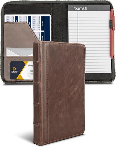 Samsill Small Vintage Portfolio/Zipper Faux Leather Portfolio, Book Style Hardback Design, Business & Interview Padfolio Organizer, Holds 5 x 8 Writing Pad, Dark Brown in Kuwait