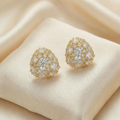 أقراط مثلثة منتفخة ذهبية أنيقة من تشيكوسلوفاكيا، تصميم زهور، أقراط هندسية مقببة متلألئة للنساء، أقراط فاخرة مرصعة كثيفة للولائم/المواعدة/يوميًا/حفلة in Kuwait