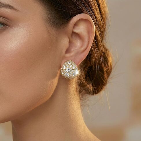 أقراط مثلثة منتفخة ذهبية أنيقة من تشيكوسلوفاكيا، تصميم زهور، أقراط هندسية مقببة متلألئة للنساء، أقراط فاخرة مرصعة كثيفة للولائم/المواعدة/يوميًا/حفلة in Kuwait