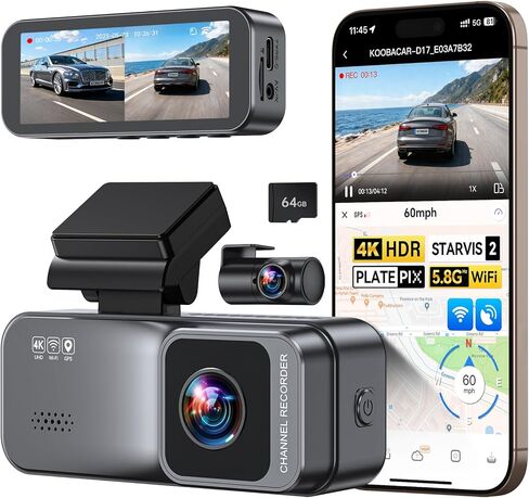 كاميرا داش كام أمامية خلفية 4K/2.5K، كاميرا داش مزدوجة UHD للسيارات، تتضمن بطاقة 64 جيجابايت، نظام تحديد المواقع واي فاي مدمج، شاشة IPS 3.20 بوصة، رؤية ليلية، زاوية واسعة 170 درجة، WDR، وضع انتظار 24 ساعة (D17) in Kuwait