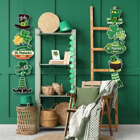 2 String St. Patrick's Day Door Sign Welcome Party Themed Hanging Yard Signs Irish Door Decor with Shamrock Leprechaun High Hat and Feet Wall Sign Ornament for Home Yard Decorations in Saudi Arabia