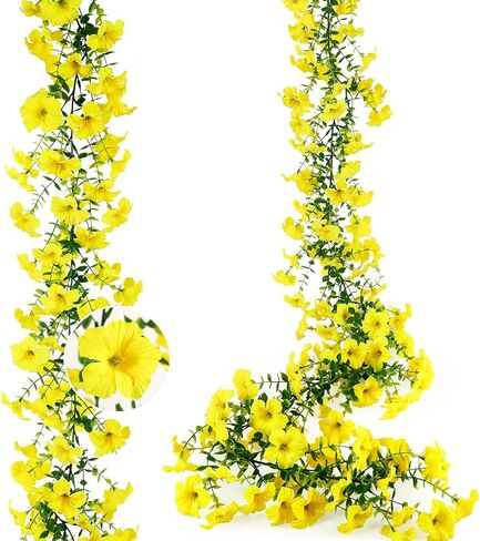 2Pcs 6Ft Eucalyptus Garland with Yellow Petunias Flowers,Spring Fake Flowers Greenery Garland Floral Vines for Wedding Table Party Backdrop Wall UV Protected Indoor Outdoor Decoration in Kuwait