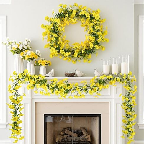 2Pcs 6Ft Eucalyptus Garland with Yellow Petunias Flowers,Spring Fake Flowers Greenery Garland Floral Vines for Wedding Table Party Backdrop Wall UV Protected Indoor Outdoor Decoration in Kuwait
