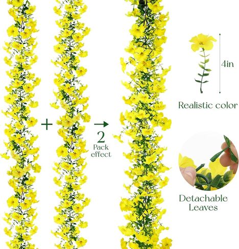 2Pcs 6Ft Eucalyptus Garland with Yellow Petunias Flowers,Spring Fake Flowers Greenery Garland Floral Vines for Wedding Table Party Backdrop Wall UV Protected Indoor Outdoor Decoration in Kuwait