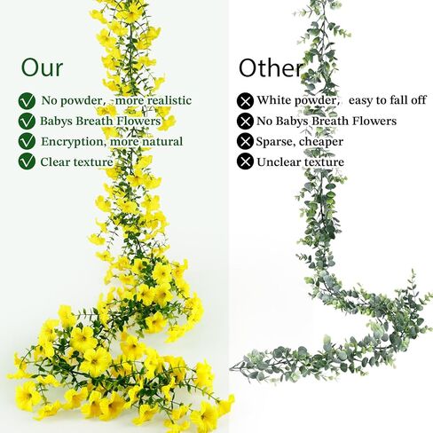 2Pcs 6Ft Eucalyptus Garland with Yellow Petunias Flowers,Spring Fake Flowers Greenery Garland Floral Vines for Wedding Table Party Backdrop Wall UV Protected Indoor Outdoor Decoration in Kuwait
