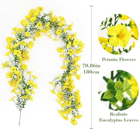 2Pcs 6Ft Eucalyptus Garland with Yellow Petunias Flowers,Spring Fake Flowers Greenery Garland Floral Vines for Wedding Table Party Backdrop Wall UV Protected Indoor Outdoor Decoration in Kuwait