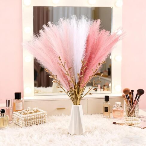 Giegxin 120 Pcs Valentine's Day Pink Faux Pampas Grass 24in Fluffy Artificial Blush Fake Pampas Stems Vase Filler Flower Arrangement for Home Wedding Party Centerpieces Bathroom Boho Valentines Decor in Saudi Arabia