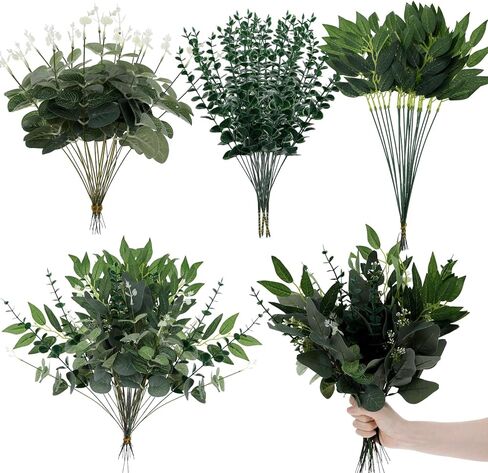 160 قطعة من سيقان أوراق الأوكالبتوس الاصطناعية، 4 أنواع مختلطة من أوراق الأوكالبتوس المزيفة وأوراق الصفصاف والدولار الفضي والنباتات الصناعية لتزيين المساحات الخضراء لحفلات الزفاف والحفلات والمنزل وباقات DIY in Kuwait