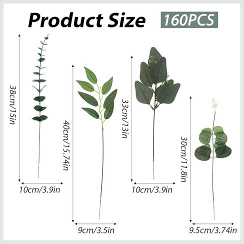 160 قطعة من سيقان أوراق الأوكالبتوس الاصطناعية، 4 أنواع مختلطة من أوراق الأوكالبتوس المزيفة وأوراق الصفصاف والدولار الفضي والنباتات الصناعية لتزيين المساحات الخضراء لحفلات الزفاف والحفلات والمنزل وباقات DIY in Kuwait