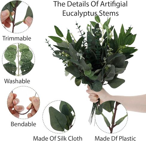 160 قطعة من سيقان أوراق الأوكالبتوس الاصطناعية، 4 أنواع مختلطة من أوراق الأوكالبتوس المزيفة وأوراق الصفصاف والدولار الفضي والنباتات الصناعية لتزيين المساحات الخضراء لحفلات الزفاف والحفلات والمنزل وباقات DIY in Kuwait