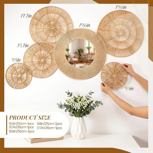 6 Pcs Boho Wicker Jute Wall Decor Baskets - Large 20 Inch Wall Mounted Jute Round Mirror with Hanging Woven Baskets Natural Home Decor Set for Rustic Living Room Bedroom Art in Saudi Arabia