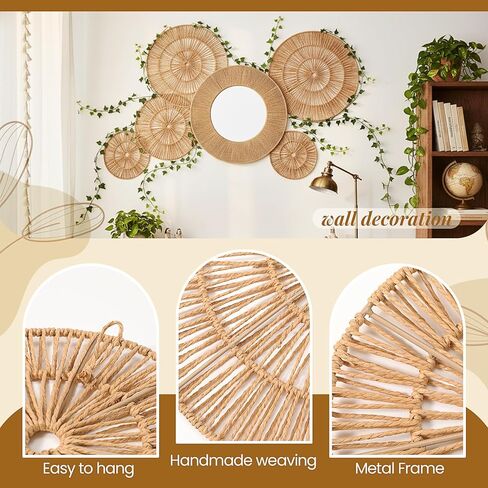 6 Pcs Boho Wicker Jute Wall Decor Baskets - Large 20 Inch Wall Mounted Jute Round Mirror with Hanging Woven Baskets Natural Home Decor Set for Rustic Living Room Bedroom Art in Saudi Arabia