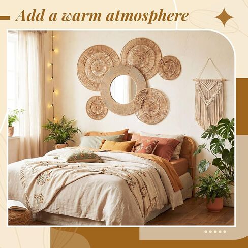 6 Pcs Boho Wicker Jute Wall Decor Baskets - Large 20 Inch Wall Mounted Jute Round Mirror with Hanging Woven Baskets Natural Home Decor Set for Rustic Living Room Bedroom Art in Saudi Arabia