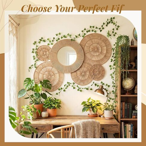 6 Pcs Boho Wicker Jute Wall Decor Baskets - Large 20 Inch Wall Mounted Jute Round Mirror with Hanging Woven Baskets Natural Home Decor Set for Rustic Living Room Bedroom Art in Saudi Arabia