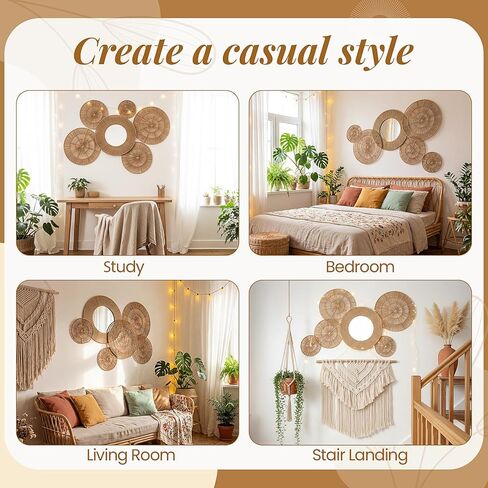 6 Pcs Boho Wicker Jute Wall Decor Baskets - Large 20 Inch Wall Mounted Jute Round Mirror with Hanging Woven Baskets Natural Home Decor Set for Rustic Living Room Bedroom Art in Saudi Arabia