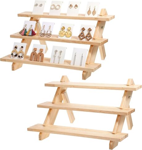 2 Pack 3 Tier Wooden Display Stand, Tiered Earring Display Stand, Detachable Wood Tiered Jewelry Card Displays Stands with Groove Removable Countertop Small Merchandise Displays Stands in Kuwait