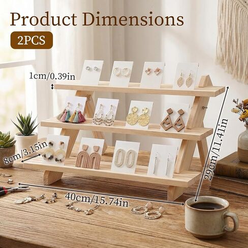 2 Pack 3 Tier Wooden Display Stand, Tiered Earring Display Stand, Detachable Wood Tiered Jewelry Card Displays Stands with Groove Removable Countertop Small Merchandise Displays Stands in Kuwait