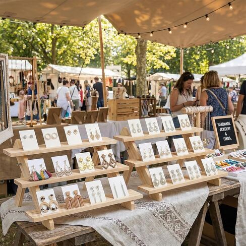 2 Pack 3 Tier Wooden Display Stand, Tiered Earring Display Stand, Detachable Wood Tiered Jewelry Card Displays Stands with Groove Removable Countertop Small Merchandise Displays Stands in Kuwait