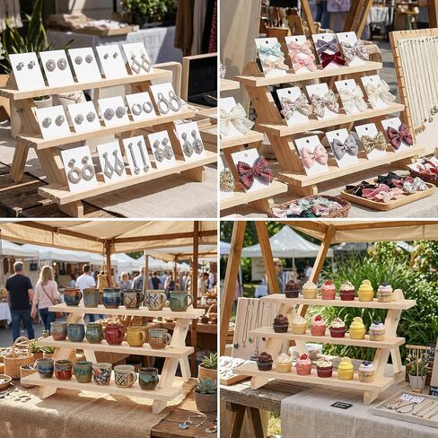 2 Pack 3 Tier Wooden Display Stand, Tiered Earring Display Stand, Detachable Wood Tiered Jewelry Card Displays Stands with Groove Removable Countertop Small Merchandise Displays Stands in Kuwait