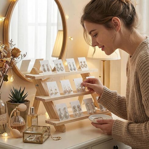 2 Pack 3 Tier Wooden Display Stand, Tiered Earring Display Stand, Detachable Wood Tiered Jewelry Card Displays Stands with Groove Removable Countertop Small Merchandise Displays Stands in Kuwait