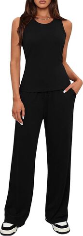 Totatuit النساء 2 قطعة مجموعات الصيف صالة مطابقة مجموعات مستديرة الرقبة بلا أكمام بنطال ذو قصة أرجل واسعة عطلة ملابس السفر in Kuwait