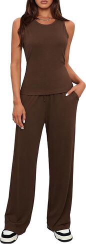 Totatuit Women 2 Piece Sets Summer Lounge Matching Sets Round Neck Sleeveless Top Wide Leg Pants Vacation Travel Outfits in Saudi Arabia