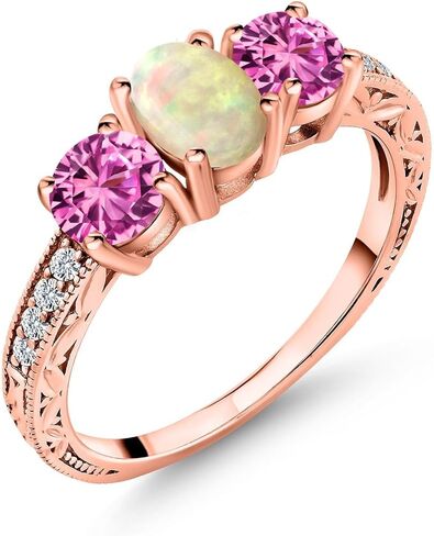 Gem Stone King 1.73 Cttw Oval Cabochon White Ethiopian Opal Pink Created Sapphire 18K Rose Gold Plated Silver Ring for Women | Wedding Engagement Anniversary Promise Ring For Women in Saudi Arabia