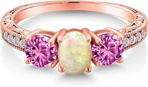 Gem Stone King 1.73 Cttw Oval Cabochon White Ethiopian Opal Pink Created Sapphire 18K Rose Gold Plated Silver Ring for Women | Wedding Engagement Anniversary Promise Ring For Women in Saudi Arabia