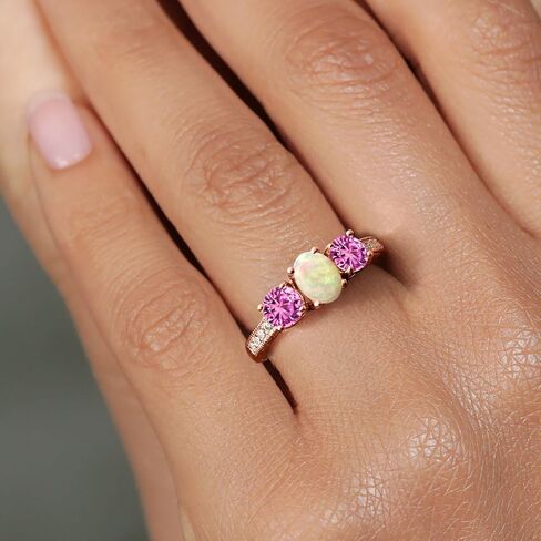 Gem Stone King 1.73 Cttw Oval Cabochon White Ethiopian Opal Pink Created Sapphire 18K Rose Gold Plated Silver Ring for Women | Wedding Engagement Anniversary Promise Ring For Women in Saudi Arabia
