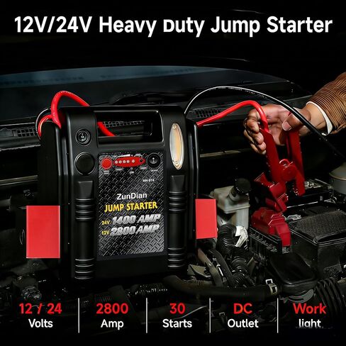 مشغل قفز 12 فولت/24 فولت - صندوق القفز عالي التحمل من ZunDian 2800/1400 أمبير، يعمل مع شاحنة جرار وحفار محرك السيارة وشاحن البطارية وصندوق القفز مع وحدة طاقة USB/DC in Kuwait