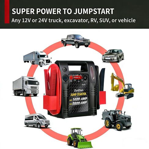 مشغل قفز 12 فولت/24 فولت - صندوق القفز عالي التحمل من ZunDian 2800/1400 أمبير، يعمل مع شاحنة جرار وحفار محرك السيارة وشاحن البطارية وصندوق القفز مع وحدة طاقة USB/DC in Kuwait