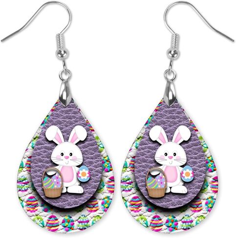 Easter Earrings for Women Teardrop Dangle Statement Jewelry Cute Bunny with Eggs Handmade by The Painted Pug in Saudi Arabia